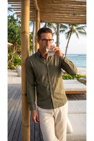 MEGALDİ Erkek Linen Keten Slim Fit Yeşil Uzun Kollu Gömlek