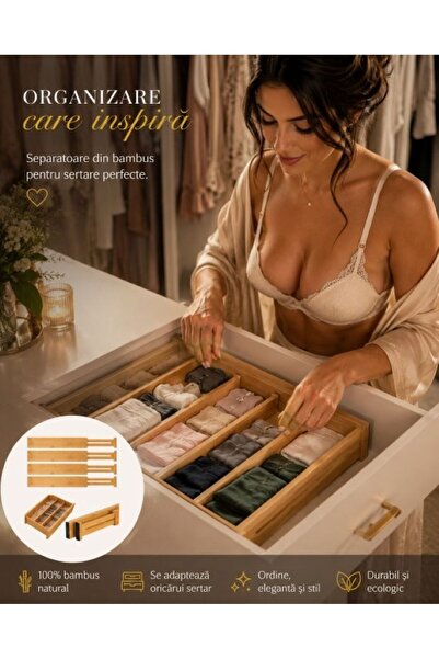 Ruhhy Organizator reglabil din bambus pentru sertare, set de 4 separatoare te...