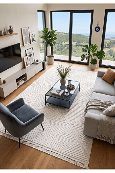 Generic Brand Cream Hav Dust-Free Modern Geometric Patterned Woven Living Roo...