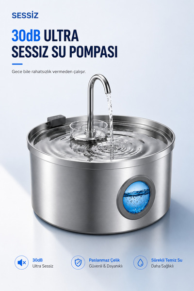 MAVLET 3.2L Paslanmaz Çelik Otomatik Kedi Su Pınarı - 6 Yedek Filtreli (Adapt...