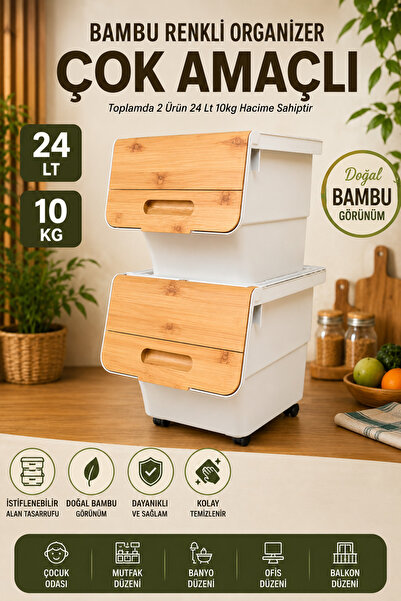 nextbuy 24 LT Bambu Renk Organizer Çok Amaçlı Kutu Tekerlekli Patates Sebze S...