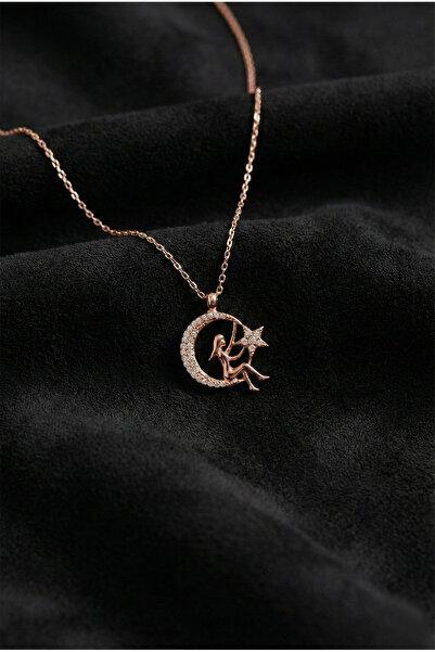 Roza Silver 925 Ayar Zirkon Taşlı Rose Kız Figürlü Ay Yıldız Gümüş Kolye