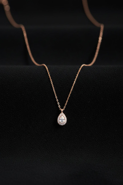 Roza Silver 925 Ayar Zirkon Taşlı Rose Minimal Damla Anturaj Gümüş Kolye