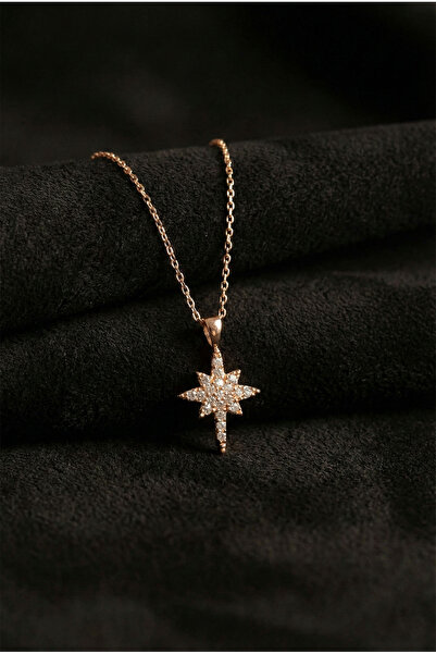 Roza Silver 925 Ayar Zirkon Taşlı Rose Kuzey Yıldızı Minimal Gümüş Kolye
