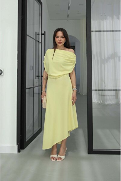 Havoş Sarı Omuzları Büzgü Detaylı Uzun Elbise