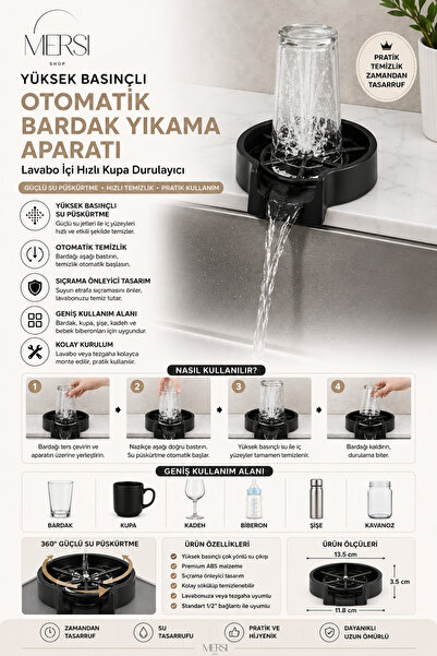 Mersi SHOP Yüksek Basınçlı Otomatik Bardak Yıkama Aparatı – Lavabo İçi Hızlı ...