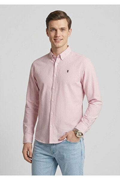 FUSARO Pembe Slim Fit Düğmeli Yaka Erkek Gömlek- Kolay Ütülenebilir Terletmez