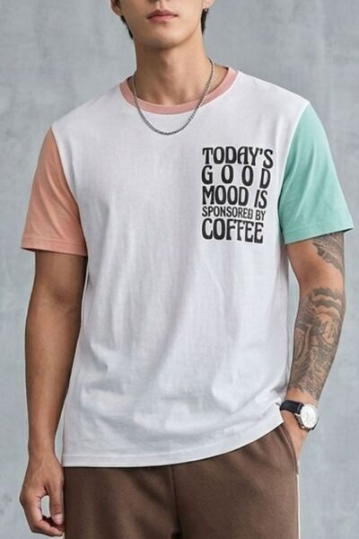 Mood Lab Tricou unisex colorat cu mânecă scurtă, alb, cu decolteu, cu slogan ...