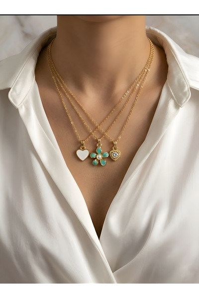 Gold Color 3pcs Blue Color Flower White Enameled Gemstone Heart Combination Set Necklace