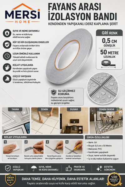 Mersi SHOP Fayans Arası İzolasyon Bandı Gri – Kendinden Yapışkanlı 0,5 cm x 5...