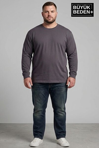 Süperlife Men's Large Size Long Sleeve 2 Thread Crew Neck T-Shirt Spr26Bts942