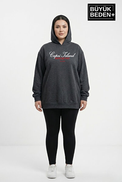 Süperlife Women's Large Size Hooded Capri Island Printed Thin Sweatshirt Spr2...