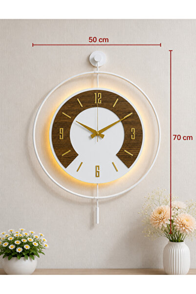 Pey Aksesuar 50x70 cm Metal Ahşap Ve Işığın Muhteşem Uyumu Duvar Saati dekoratif