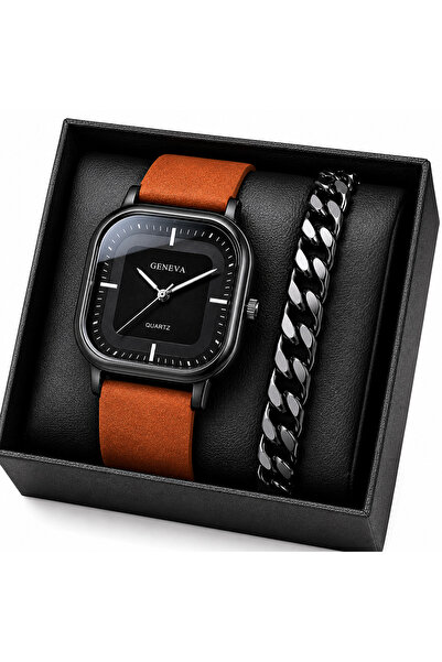 Geneva Platinum Set Ceas Bărbați Inox Negru + Brățară Inox – Cadou pentru el