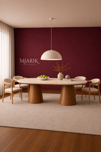 MIARIK DESIGN Kana - Ahsap Ayakli Traverten Yemek Masasi