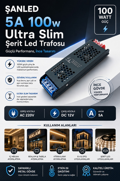 ŞANLED 100W 5A Ultra Slim Şerit Led Trafosu