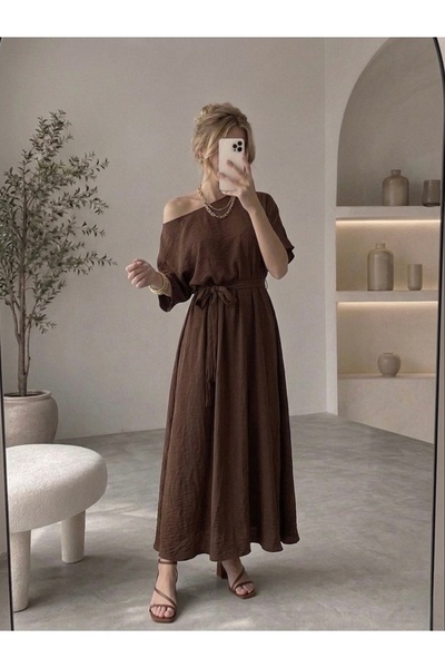 sumoda Kadın Keten Cepli Kemerli Kısa Kollu Yazlık Elbise