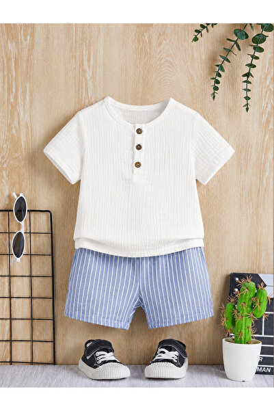 Bubito Unisex Bebek&Çocuk %100 Pamuklu Çizgili Düğmeli Müslin Şort Takım-Mavi