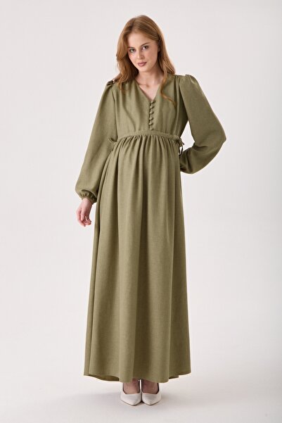 KATLİN MATERNİTY WEAR Maternity Khaki Linen Dress with Lace Detail on the Sid...
