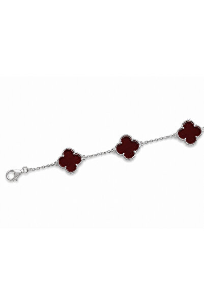 Desing 925 Ayar Gümüş Bordo Taşlı 5 Motif Yonca Bileklik 6.20 Gr