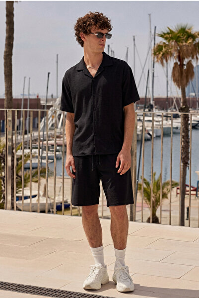 DAMGA JEANS Men's Premium Comfortable Shirt Jogger Linen Shorts Black Two-Pie...
