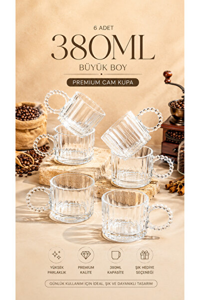 Luxury Crystal Large Transparent Tea Cup with Bead Handle | 6-Piece - 380ml