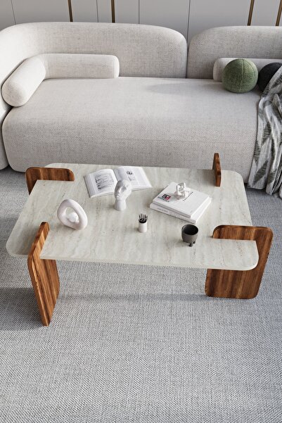 BAMOSA Norex Traverten Dokulu Oval Orta Sehpa – 104*54cm Minimal Modern Tasarım