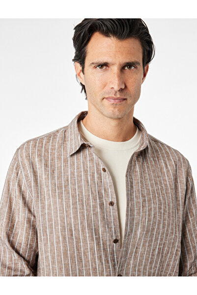 Koton Regular Fit Classic Collar Cotton Linen Blend Long Sleeve Striped Shirt