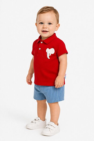 dinamik çocuk Baby Boy Polo Collar Elephant Embroidered 2-Piece Set with Shor...