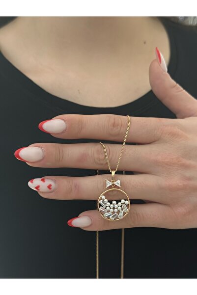 MyladyAccessoriess 14K Altın Kaplama Taş ve İnci Detaylı Minimal Çelik Kolye ...