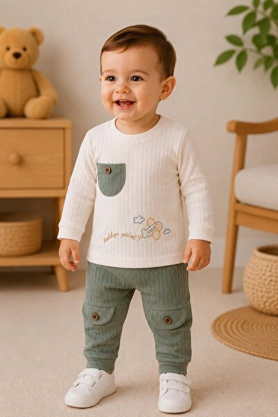 dinamik çocuk Baby Boy Airplane Embroidered Ribbed 2-Piece Top and Bottom Sea...