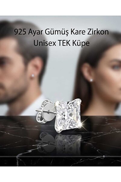 Begonia Accessories 925 Ayar Gümüş Kare Zirkon Tek Taş UNISEX Minimal Küpe – ...