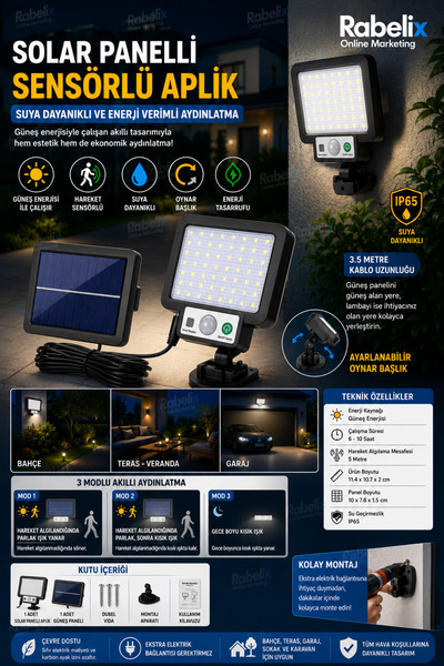 Rabelix Online Marketing Güneş Enerjili 3 Modlu 3.5 Metre Kablolu LED Solar B...