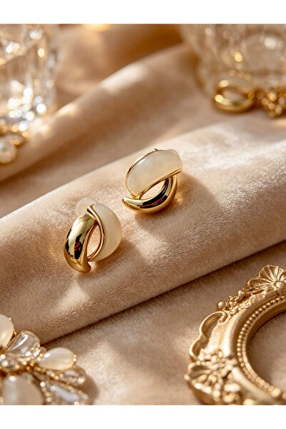ayoljewelry Ekru & Gold İkili Kavisli Düğüm Model Çelik Küpe
