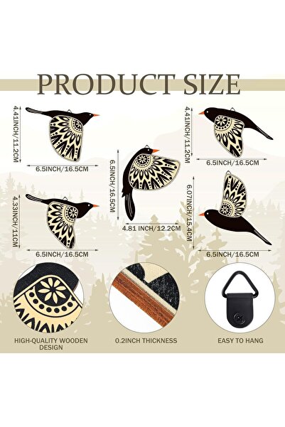 Arabest 5-Piece Wooden Bird Wall Art, Flying Birds Decor, Rustic Folk Art, Sc...