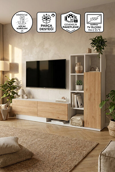 Yurupa Forte Tv Ünitesi Kapaklı Kitaplık Raf Sepet-Beyaz FOR1-SW
