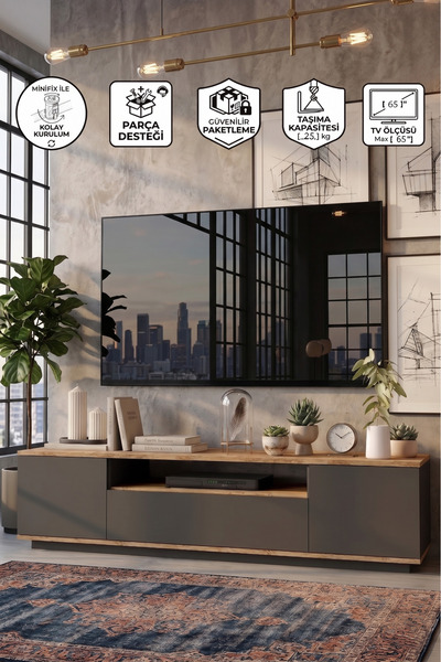 L'occi Concept Delphin 180 Cm Raflı Kapaklı Tv Ünitesi Modern Dlp7-aa Çam-ant...