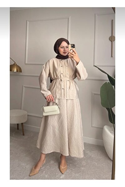 Bahar Altundemir Women's Strawberry Fabric Double Button Belted Two-Piece Hij...
