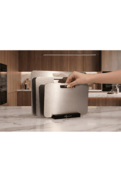 SHG HOME 3’lü Paslanmaz Çelik Standlı Kesme Tahtası Seti –Desenli Yüzey, Mini...