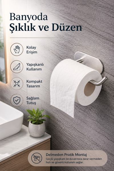 Alper Banyo Premium Chrome 304 Stainless Steel Adhesive Toilet Roll Holder, C...
