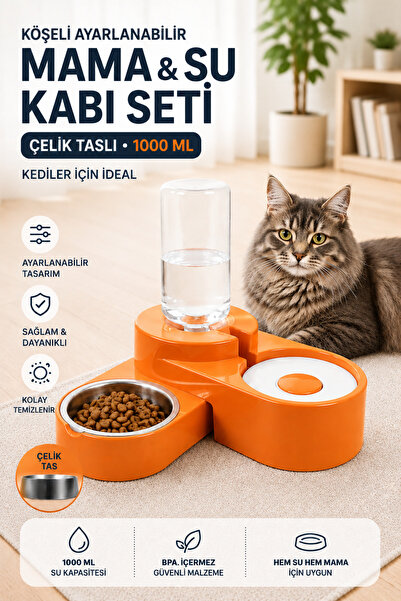 Miapet Köşeli Ayarlanabilir Hazneli Çelik Taslı Kedi-köpek Mama Ve Su Kabı Se...