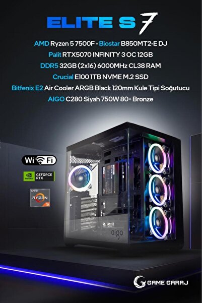 Game Garaj Elite S7 AMD Ryzen 5 7500F 32GB RAM 1TB SSD RTX5070 FreeDOS Oyuncu OEM Paket