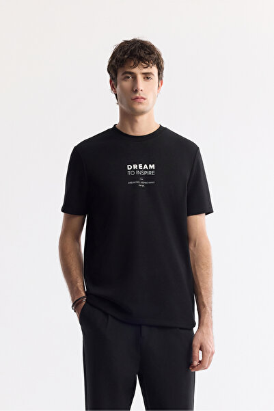 Avva Erkek Siyah Bisiklet Yaka Baskılı Bi-Stretch İnterlok Regular Fit T-Shir...