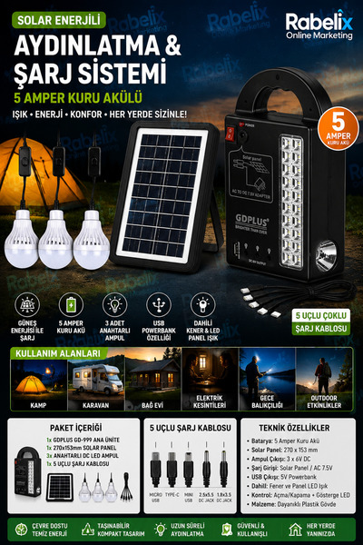 Rabelix Online Marketing Solar Kamp Lambası Seti 5 Amper Akülü Güneş Enerjili...