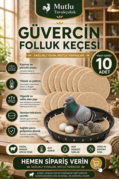 MUTLU TAVUKÇULUK Güvercin Folluk Keçesi 10 Adet Yün Keçe Yuvalık Altlığı Kulu...