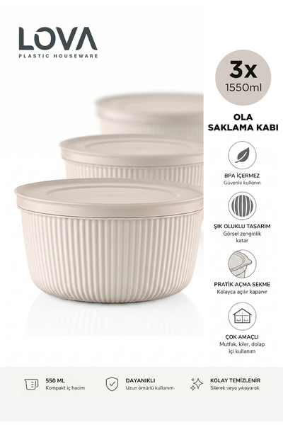 lovagroup Kapaklı Saklama Kabı Seti 3 Adet 1550 ml Büyük Boy Buzdolabı Yemek ...