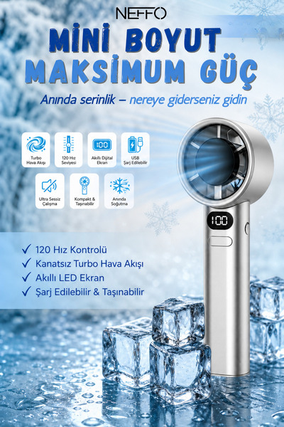 NEFFO Mini Klima Led Göstergeli Şarjlı El Fanı Vantilatör 5 Kademeli Hız Seri...