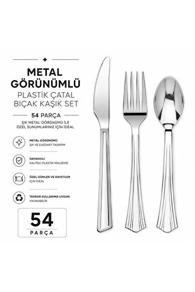 alenked 54 Piece Metal Look Plastic Cutlery Set