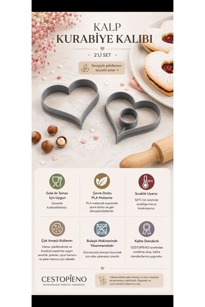 CESTOPİENO 2-Piece Heart Dough Sculptor 8X9 cm Cookie/Ceramic/Polymer Mixed Color