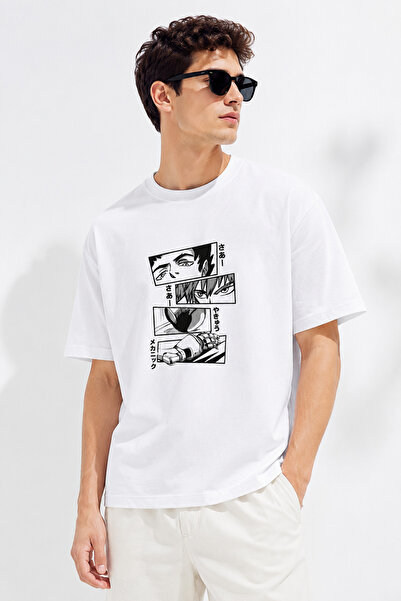 Luliana Anime Printed Men's White Oversize Comfortable Fit Crew Neck Short Sl...
